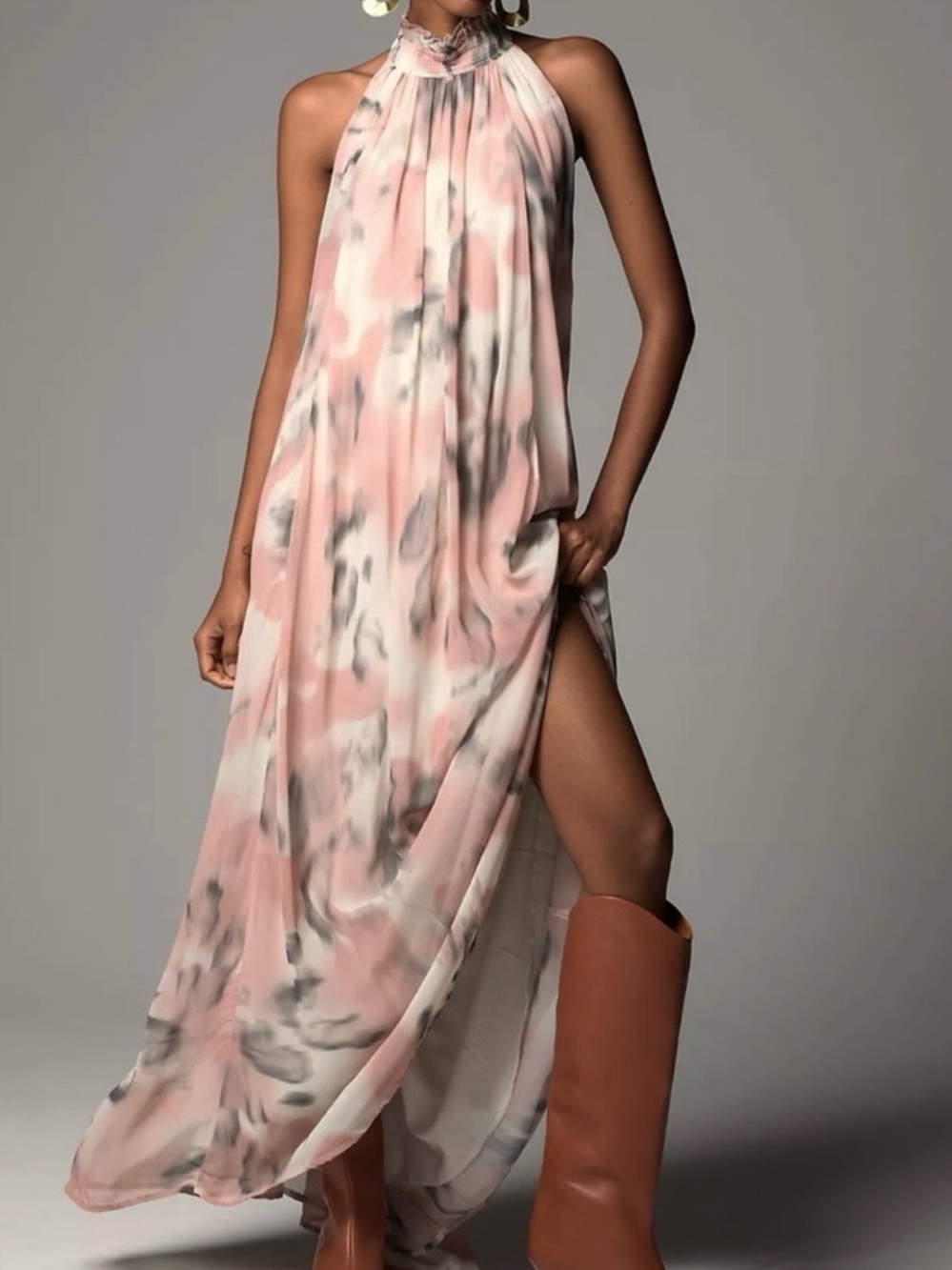 Maeve Anthropologie Blush Pink and Gray Halter Chloe Maxi Dress, NWOT